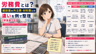 労務費とは？建設業の外注費・材料費との違いを例で整理【早見表つき】